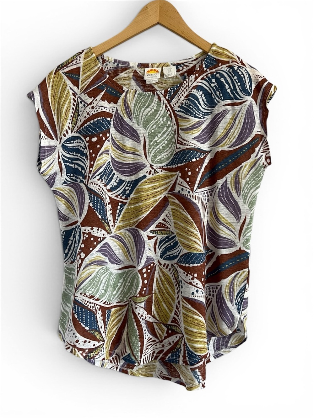 C&C California 100% Linen Leaf Print Blouse M Boho Summer Top